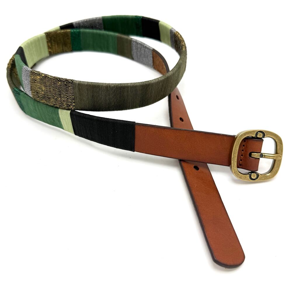 Coldwater Creek Thread Wrapped Leather Boho Belt L 38-42 Brown Metallic Green